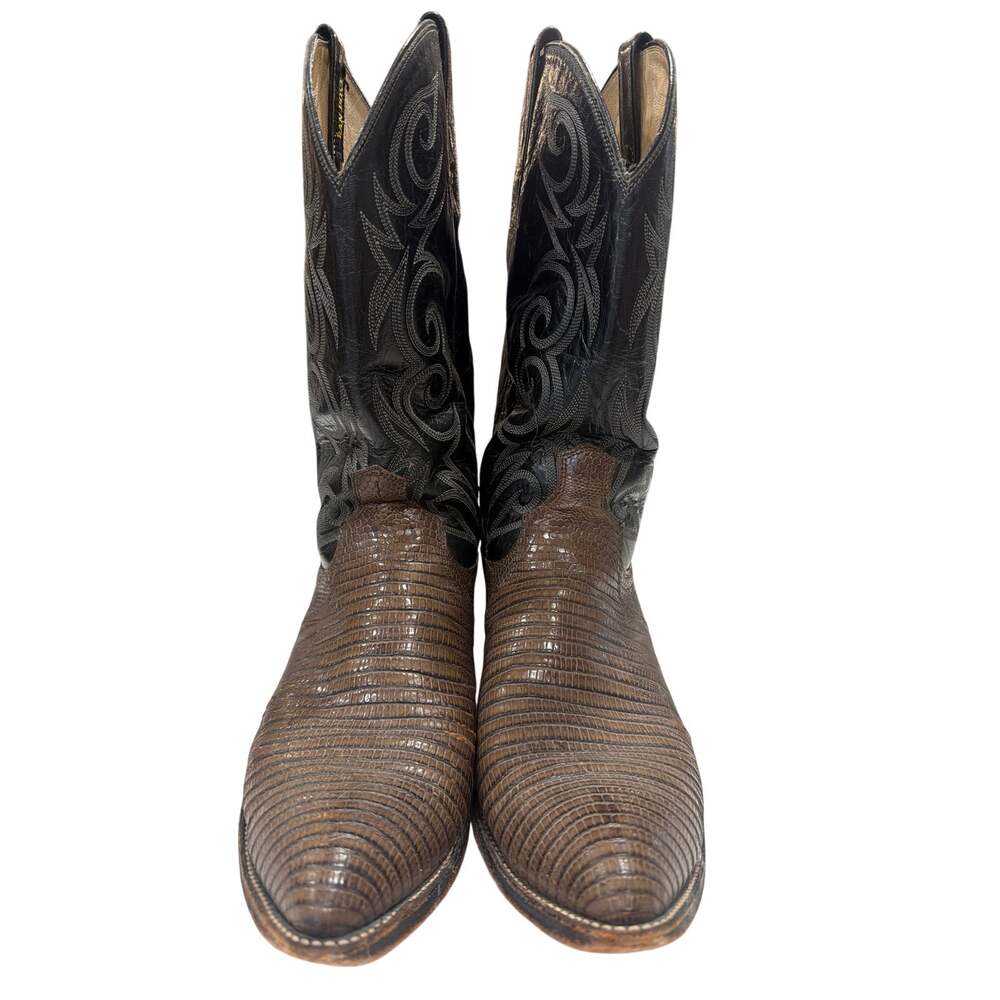 VTG Dan Post Brown Teju Real Lizard Western Cowboy Boots vamp Black Brown Sz 13D